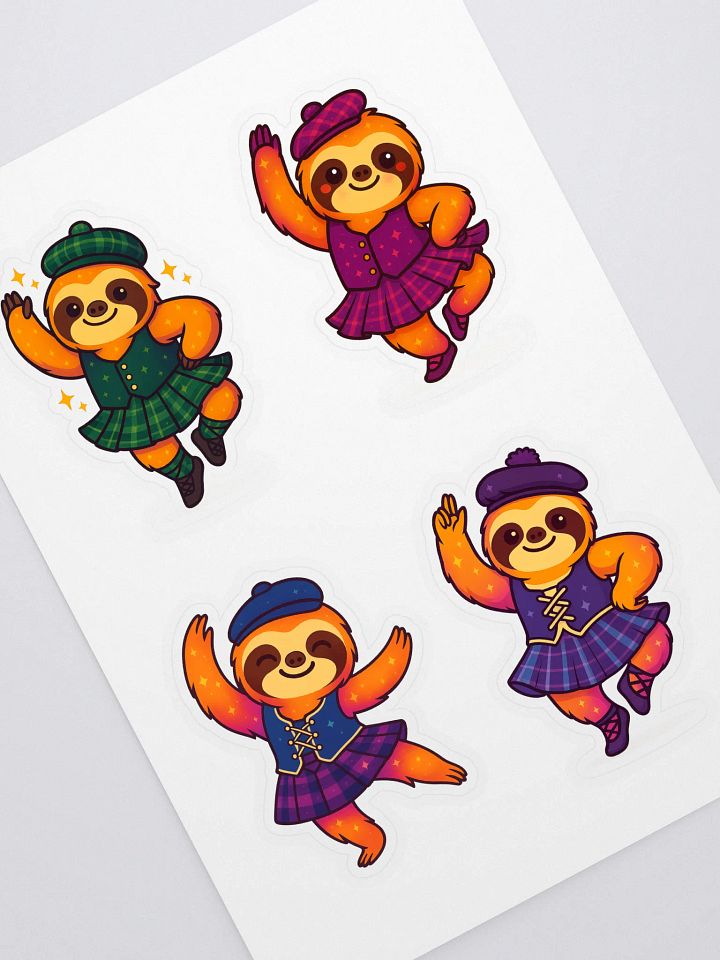 Highland Dance Sloth Sticker Sheet – 4 Cute Scottish Sloth Dancers for Water Bottles, Laptops, Journals & More product image (1)