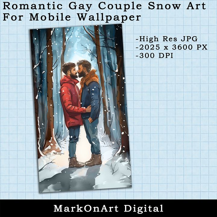 Romantic Gay Couple in the Snow Art For Mobile Phone Wallpaper or Lock Screen | High Res for iPhone or Android Cellphones product image (2)
