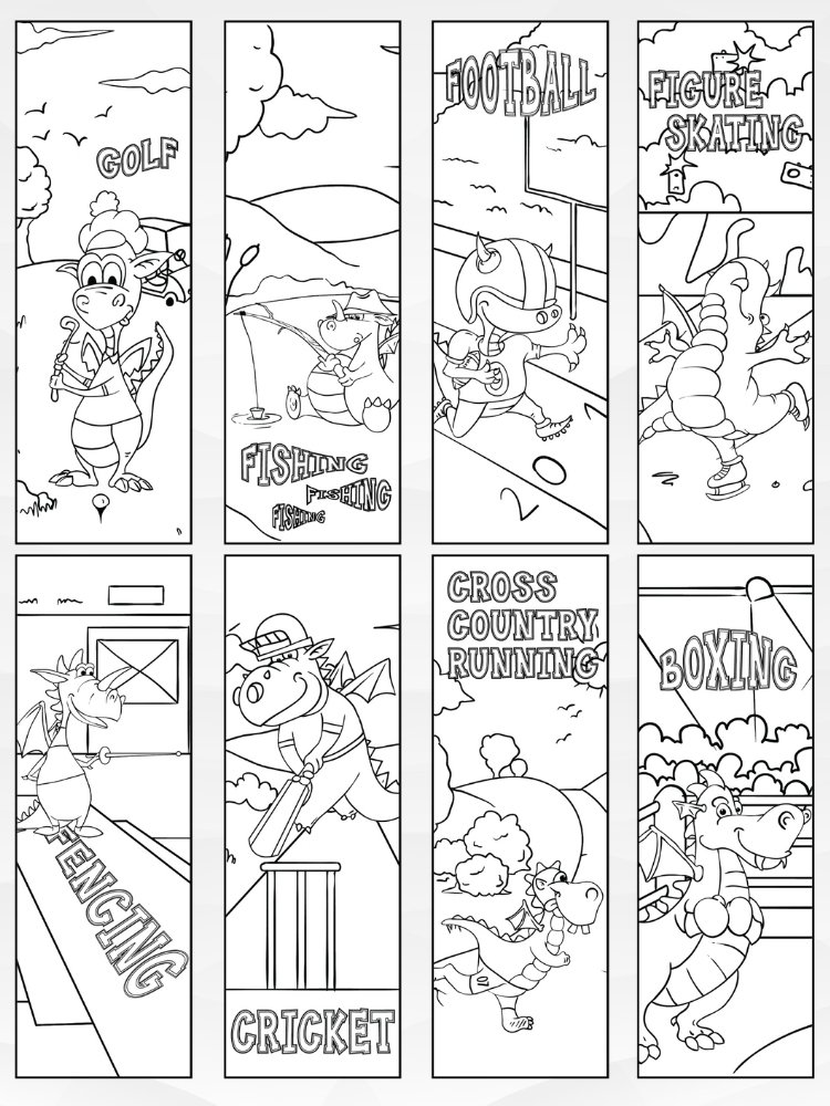 Printable Dragons Playing Sports Coloring Bookmarks - 2