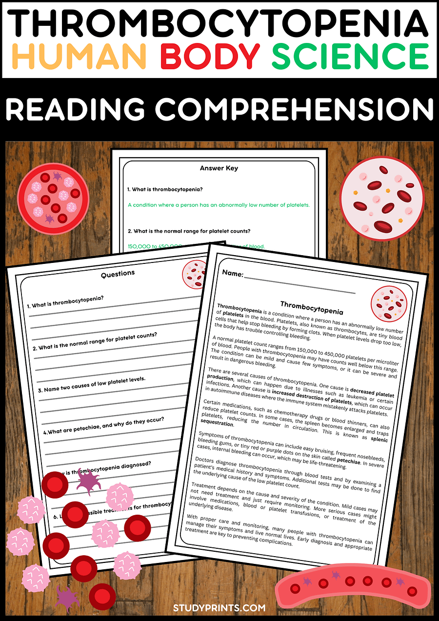 Thrombocytopenia Reading Passage with Comprehension Questions | Human Body Science product image (1)
