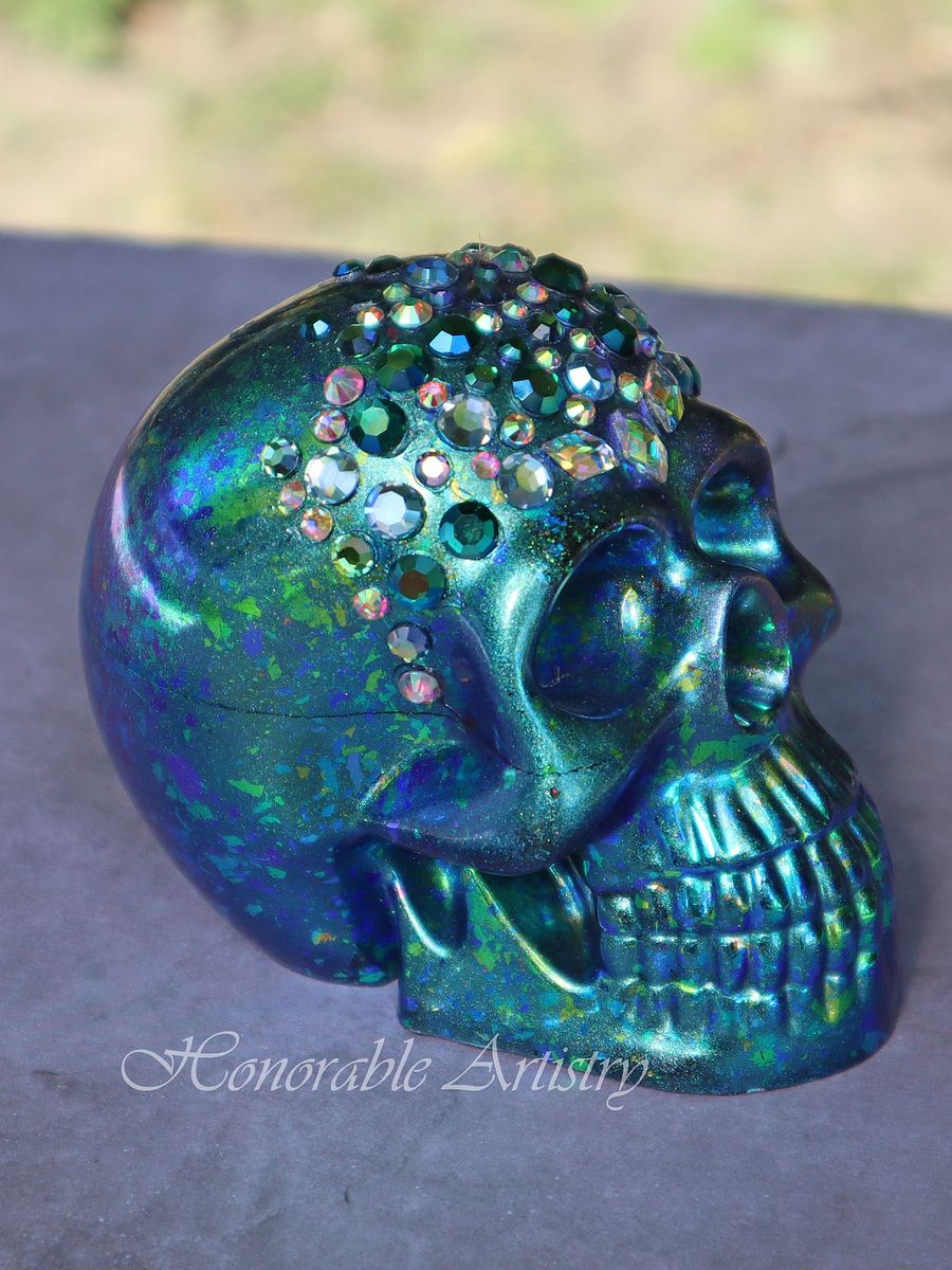 Blue-Green Colorshift Rhinestone Resin Skull product image (9)