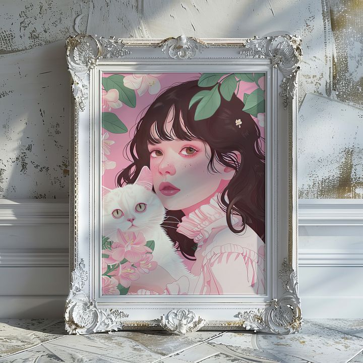 Girl with White Cat Portrait Coquette Art Print product image (18)