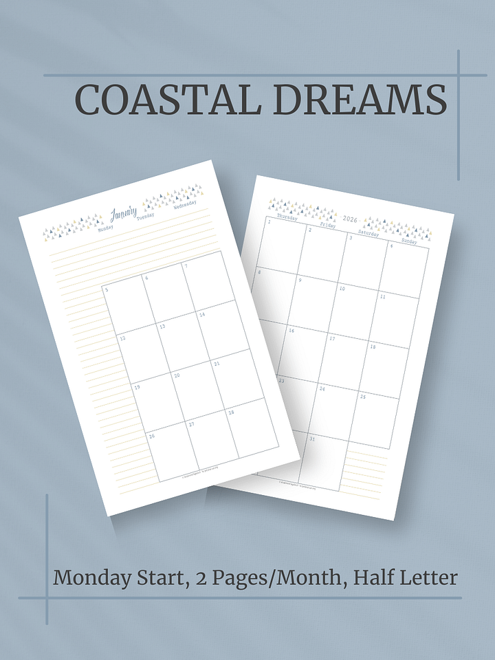 Coastal Dreams 2026 Calendar - 2 Pages per Month, Monday Start, Half Letter Size product image (1)