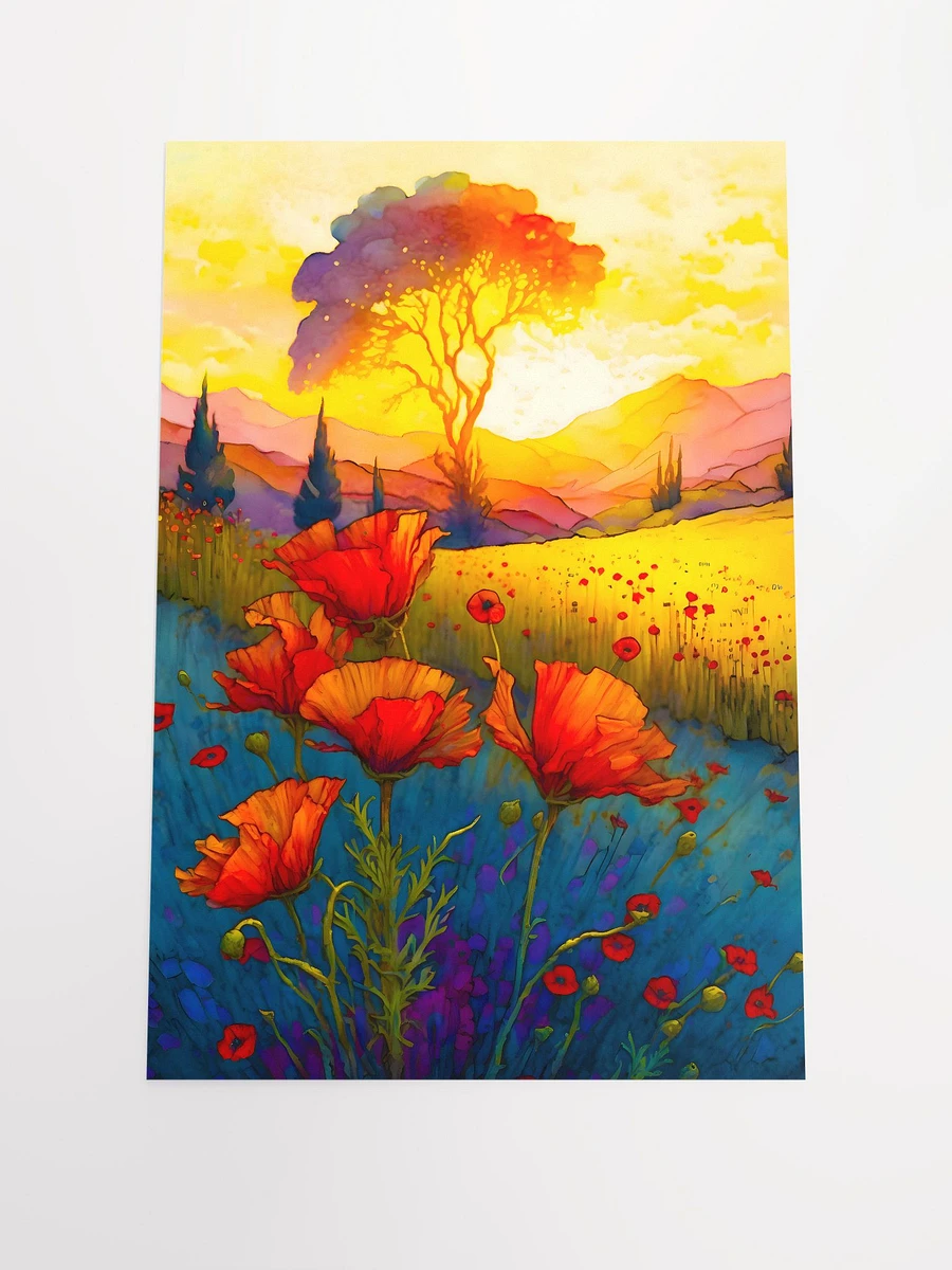 Red Poppies Blooming in Colorful Meadow at Sunset Watercolor Art Matte Poster product image (3)