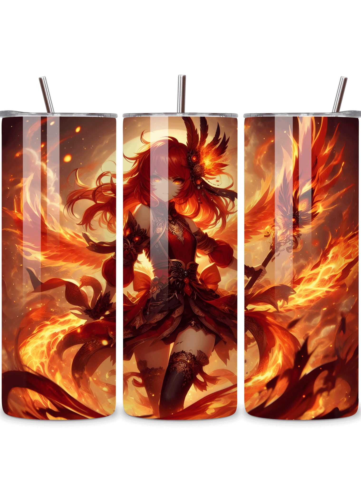 Elemental Anime Girl 20oz Skinny Tumblers with Metal Straws – Fire, Water, Earth, and Wind Designs – Double-Walled Insulated Stainless Steel Tumbler, Gift for Anime Fans and Nature Lovers (Fire) product image (1)