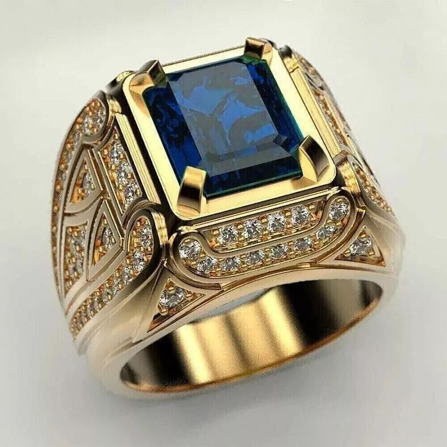 3 Ct Emerald Cut Simulated Sapphire Men Wedding Ring 14K Yellow Gold Over Silver product image (3)
