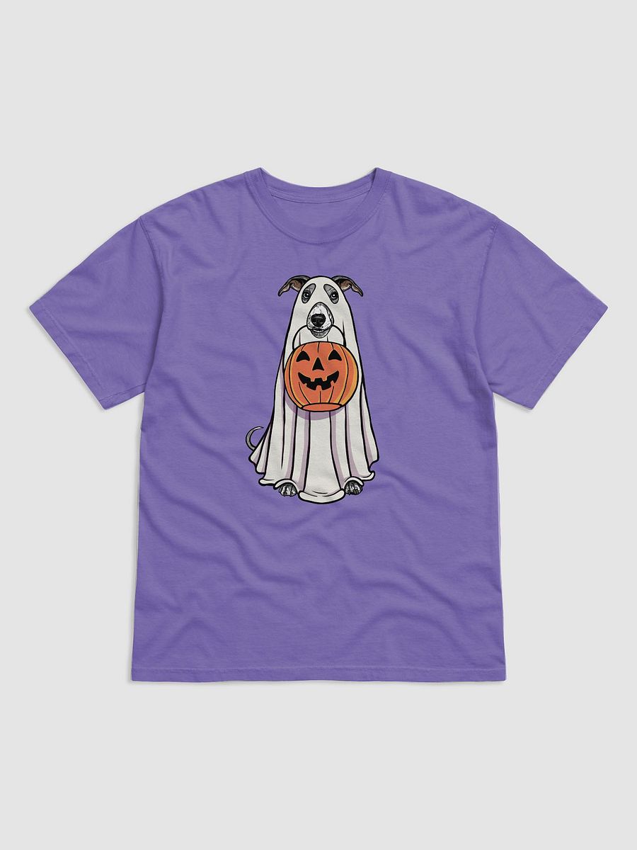 Funny Halloween Whippet(Blue & White) T-Shirt | Funny Dog Wearing a Ghost Costume and Holding a Pumpkin Basket product image (27)