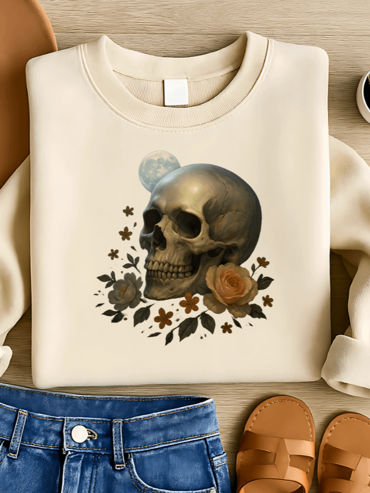 Moonlit Flower Skull Sublimation PNG – Mystical Halloween Skull for T-Shirts – Enchanted & Creepy Theme – 300 DPI Instant Digital Download product image (1)