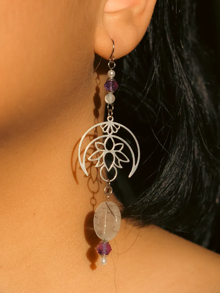 Moon lotus - Rutilated quartz, amethyst, and selenite earrings product image (2)