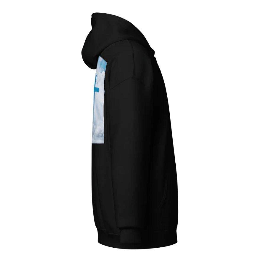 A cross surrounded by a heavenly scene, with rays of light shining through soft clouds in a bright blue sky Hoodie product image (4)