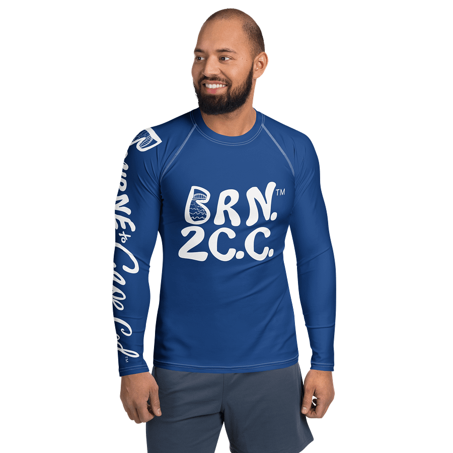 BRN.2C.C.™ /BOURNE to Cape Cod™ | Men’s Long Sleeve Rash Guard | UPF 50+ Active Coastal Shirt | White Logos on Dark Cerulean product image (1)