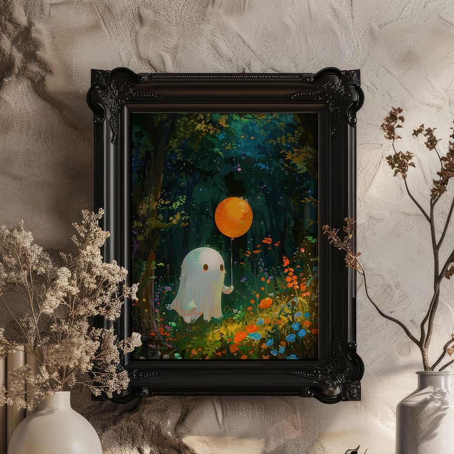 Cute Ghost with a Balloon Whimsical Halloween Art Print product image (10)