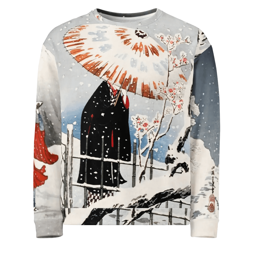 Plum Tree and Snowy Evening All-Over Print Recycled Unisex Sweatshirt product image (1)