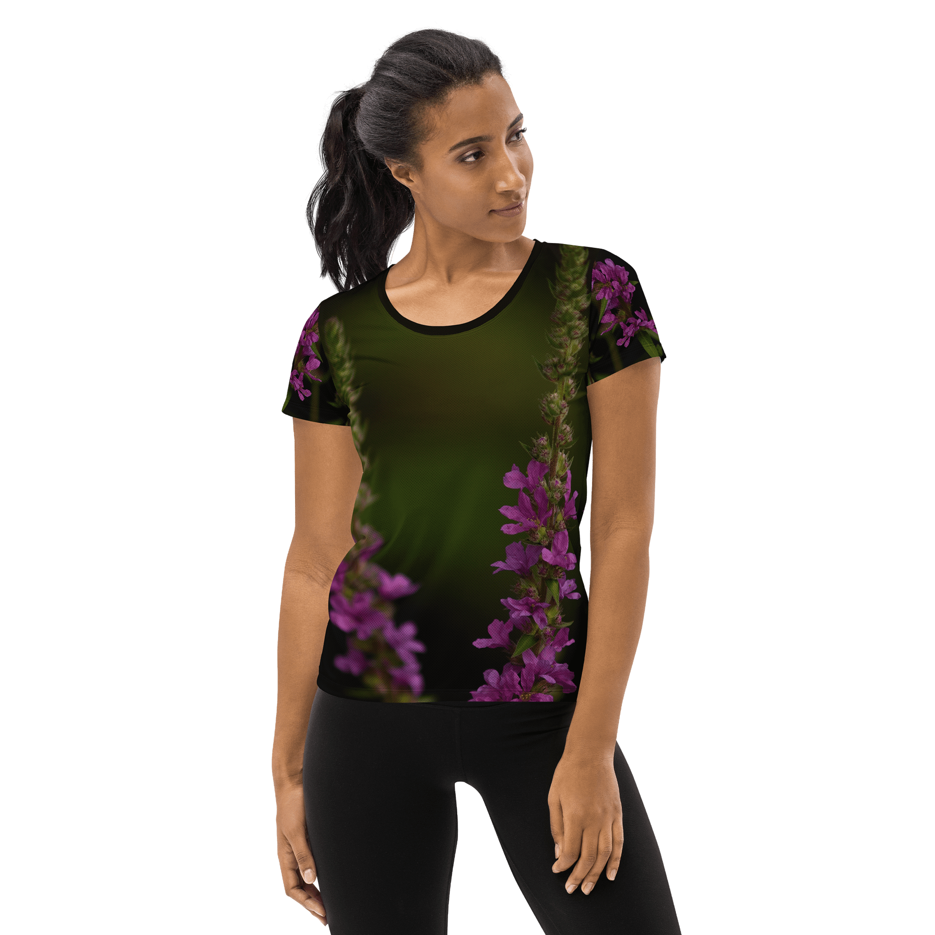Damen T-Shirt - Violette Blüten vor dunklem Hintergrund product image (1)