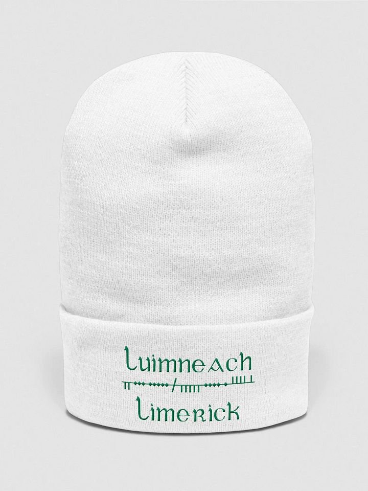 Limerick/Luimneach Scholastic style Ogham, white with green, embroidered Cuffed Beanie product image (1)