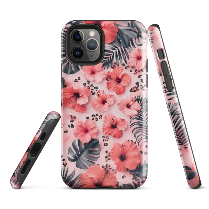 Pink Tropical Hibiscus Leopard Spots - Tough Phone Case product image (1)