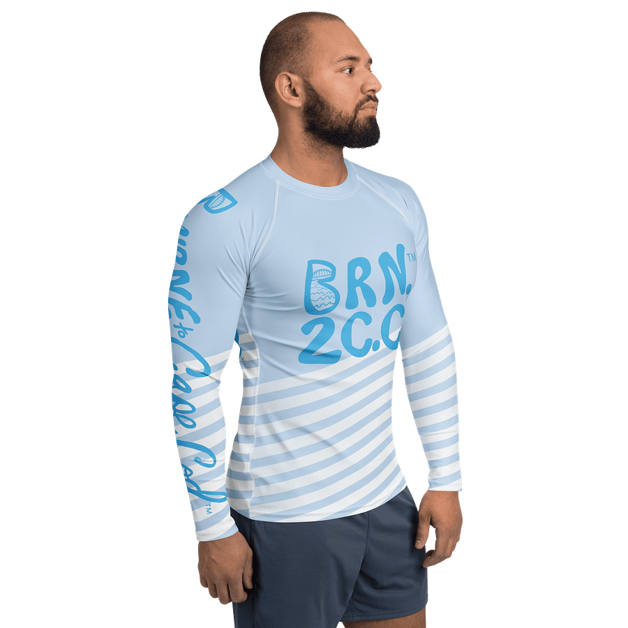 BRN.2C.C.™ /BOURNE to Cape Cod™ | Men’s Long Sleeve Rash Guard | UPF 50+ Active Coastal Shirt | Sky Blue Logos on Skyline Stirpes product image (6)