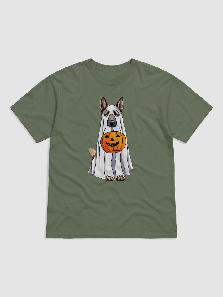German Shepherd Halloween Tee | Funny Halloween German Shepherd Wearing a Ghost Costume with Pumpkin Basket product image (2)