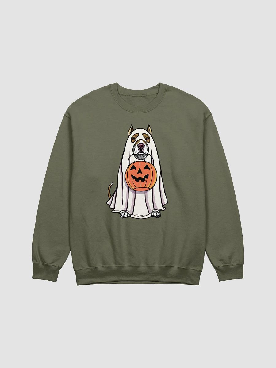 Funny Halloween Pitbull Terrier(Cropped Ears, Brindle) Sweatshirt | Funny Pittie Wearing a Ghost Costume and Holding a Pumpkin Basket product image (17)