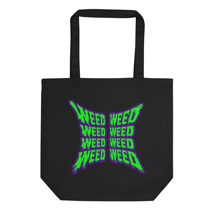 Weird Weed Word 420 Black Tote Bag, Green Purple Cannabis Butterfly Bag, Stoner Style Organic Cotton Accessory product image (1)