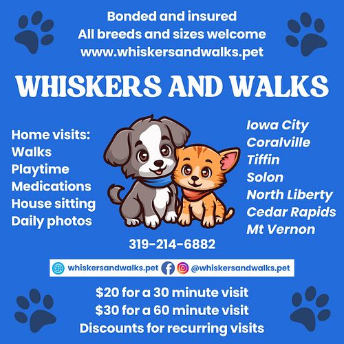 😻 Whiskers and Walks 🐶

Services offered:
🦮 Dog walking - Keep your pup happy and healthy
🧸 Pet sitting - 30 or 60 minute vis...