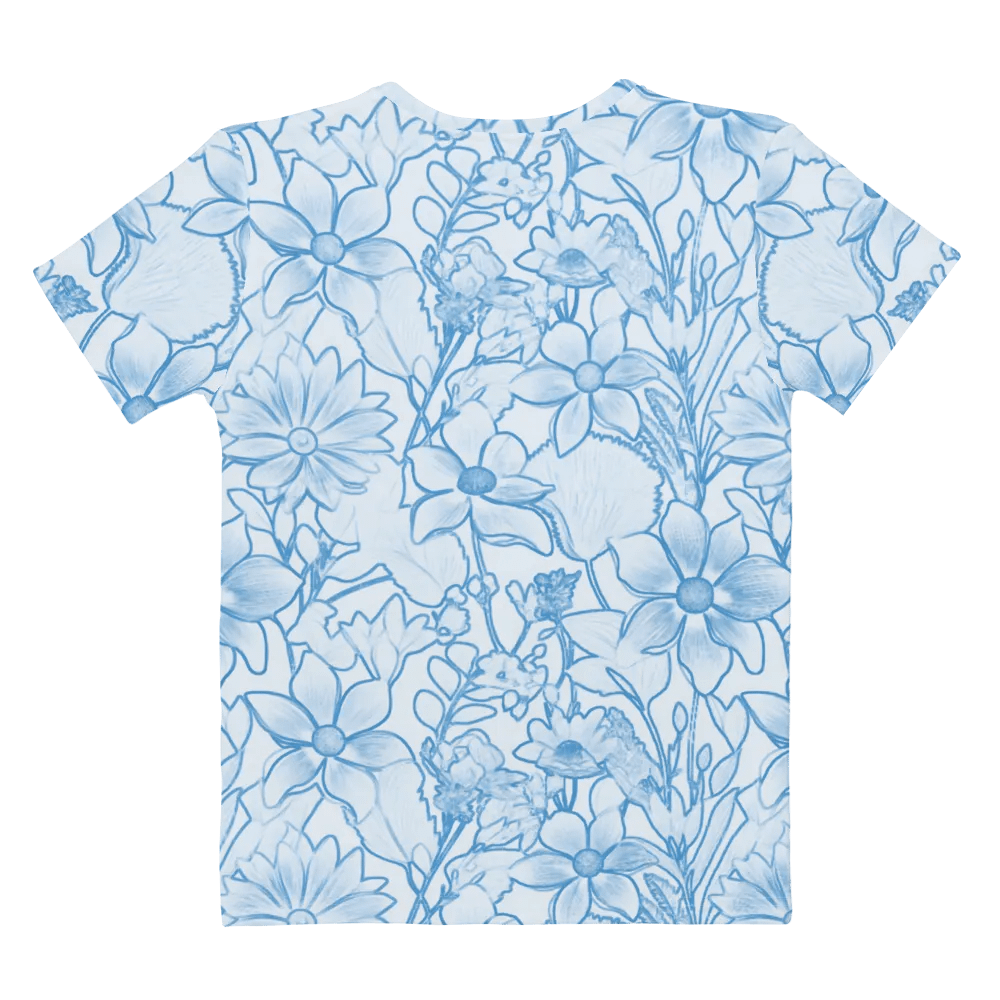 Line art Blue and White Floral/All-Over Print Women's Crew Neck T-Shirt by Sublicolor product image (3)