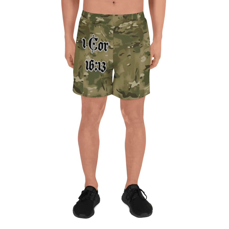 Faithful Camo: 1 Corinthians 16:13 Unisex Athletics Shorts - Multicam product image (5)