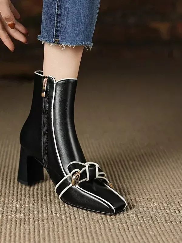 Autumn Winter High Heels Pumps Sweet Bow Real Leather Ankle Boots Chunky Heel product image (6)