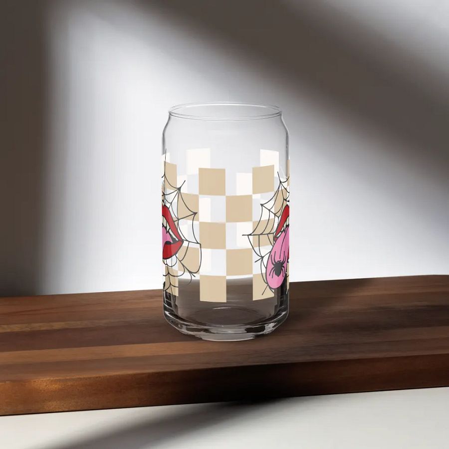 Spooky Chic: Halloween Glassware -Playful Spider and Tongue Design - Can, Wood Cover and Metal Straw product image (5)
