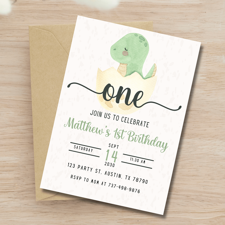 Dino First Birthday Invitation | Baby Dinosaur Egg Party Invite | Editable Canva Template | 1st Birthday Boy | Watercolor Dino Theme product image (4)