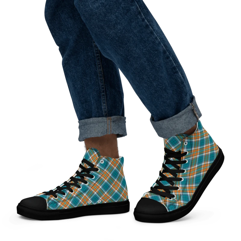 Turquoise and Orange Sporty Plaid Men's High Top Shoes product image (5)
