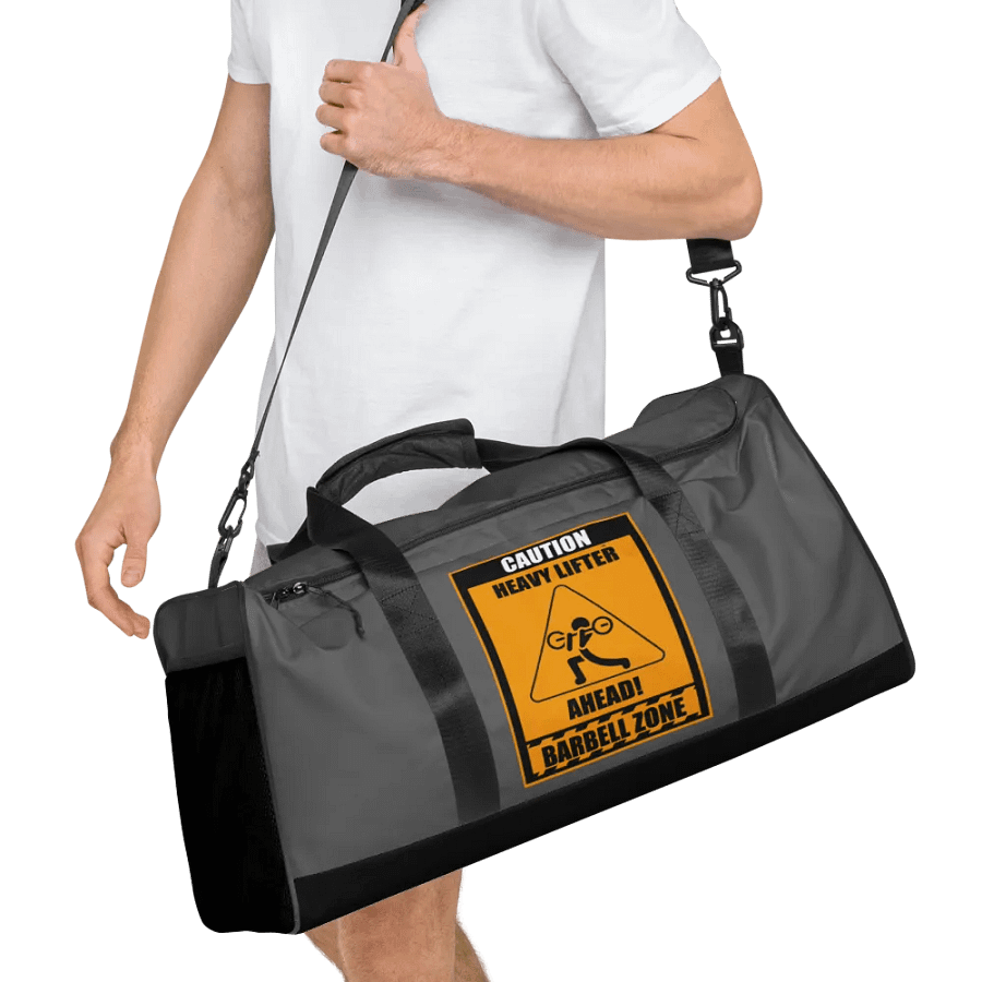 Caution Heavy Lifter Ahead-Barbell Zone Duffle Bag (Dark Gray and Black) product image (8)
