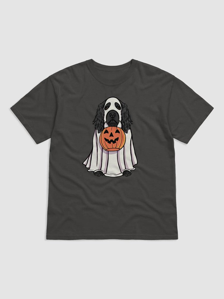 Funny Halloween Cocker Spaniel(Black) T-Shirt | Funny Cocker Spaniel Wearing a Ghost Costume and Holding a Pumpkin Basket product image (1)