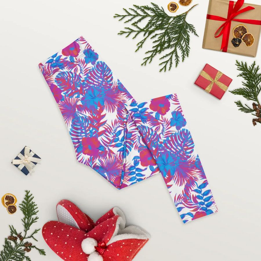 leggings  in  blue and pink colors tropical leaves design. Perfect for holiday vibes product image (8)