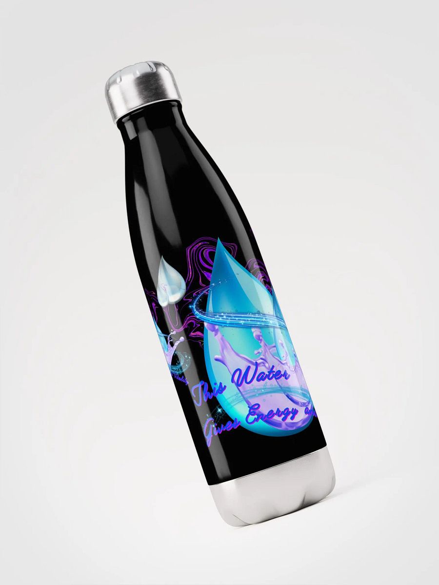 Stainless Steatl water bottle with beautiful swirly blue water drops  featuring ' This water gives energy and vitality