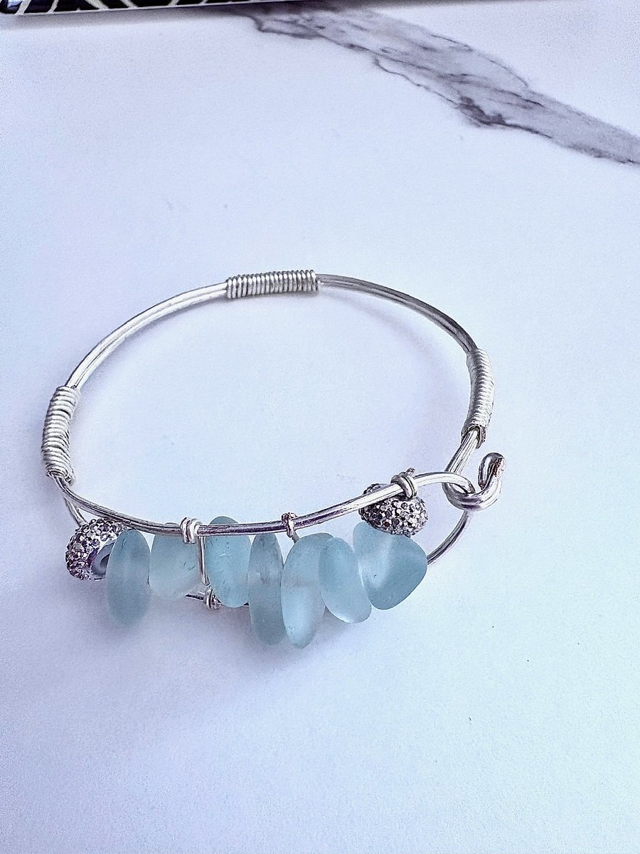 Seafoam Pebble Tide Bracelet | Wire-Wrapped Sea Glass | Handmade 7" Coastal Charm by Monique Faella Designs™ | MFD-00201 product image (2)