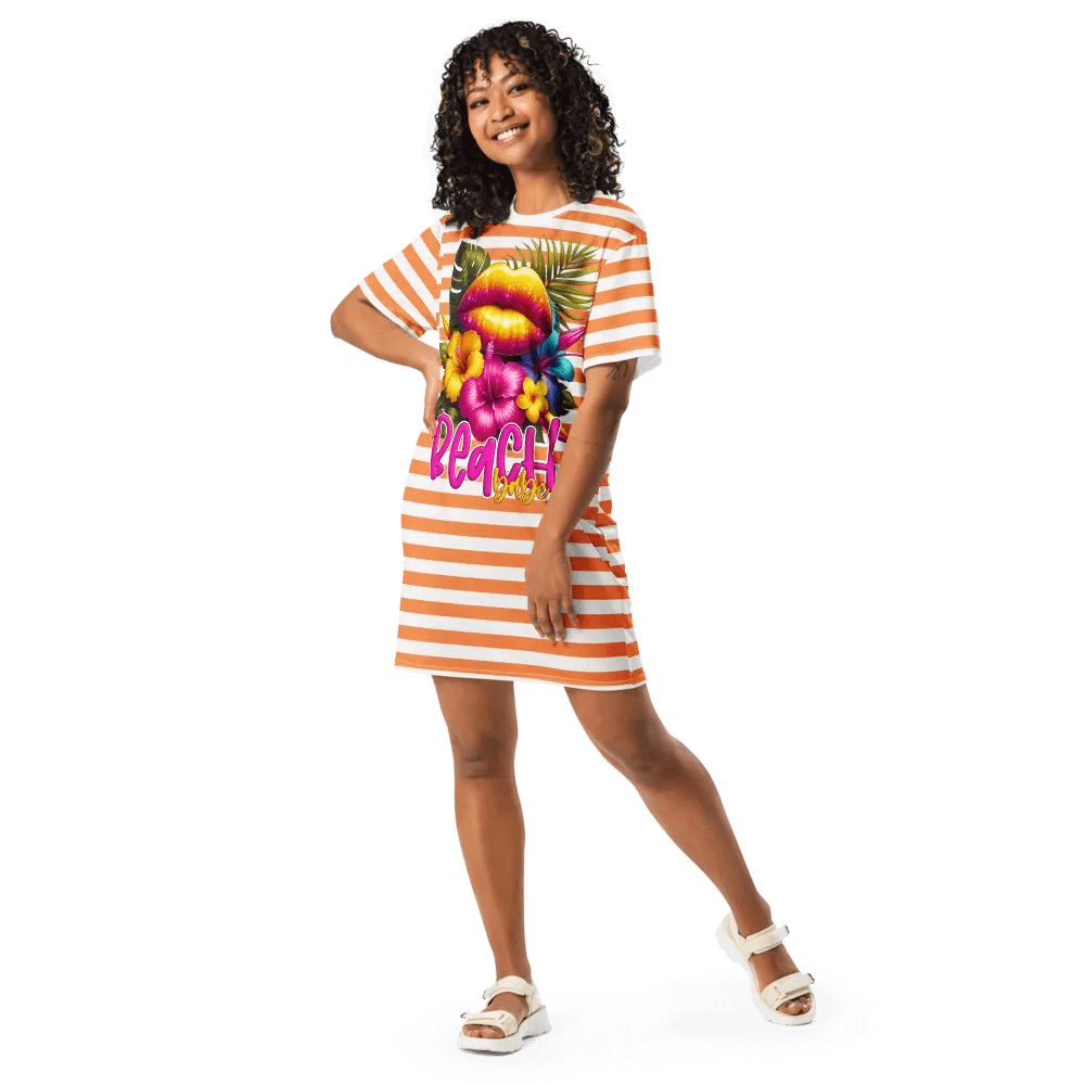 Hibiscus Kiss Orange Stripped Summer T-Shirt Dress product image (1)
