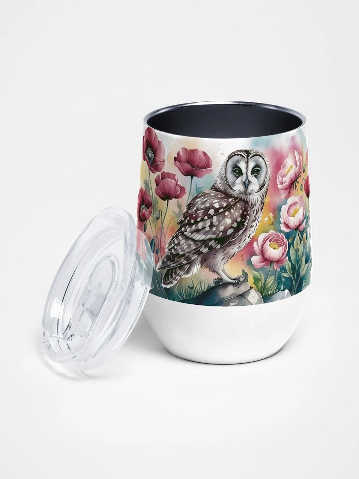Curious Owl in Poppy Field 12 Oz Wine Tumbler – Whimsical Owl & Floral Watercolor Design product image (1)