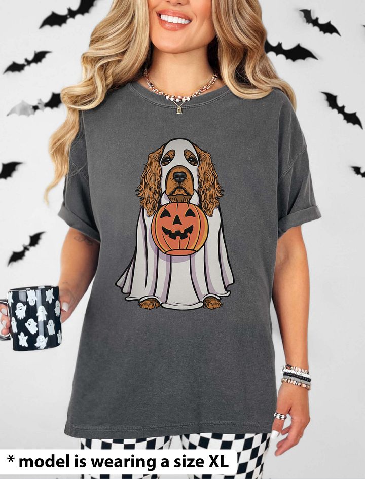 Funny Halloween Cocker Spaniel T-Shirt | Funny Cocker Spaniel Wearing a Ghost Costume and Holding a Pumpkin Basket product image (14)