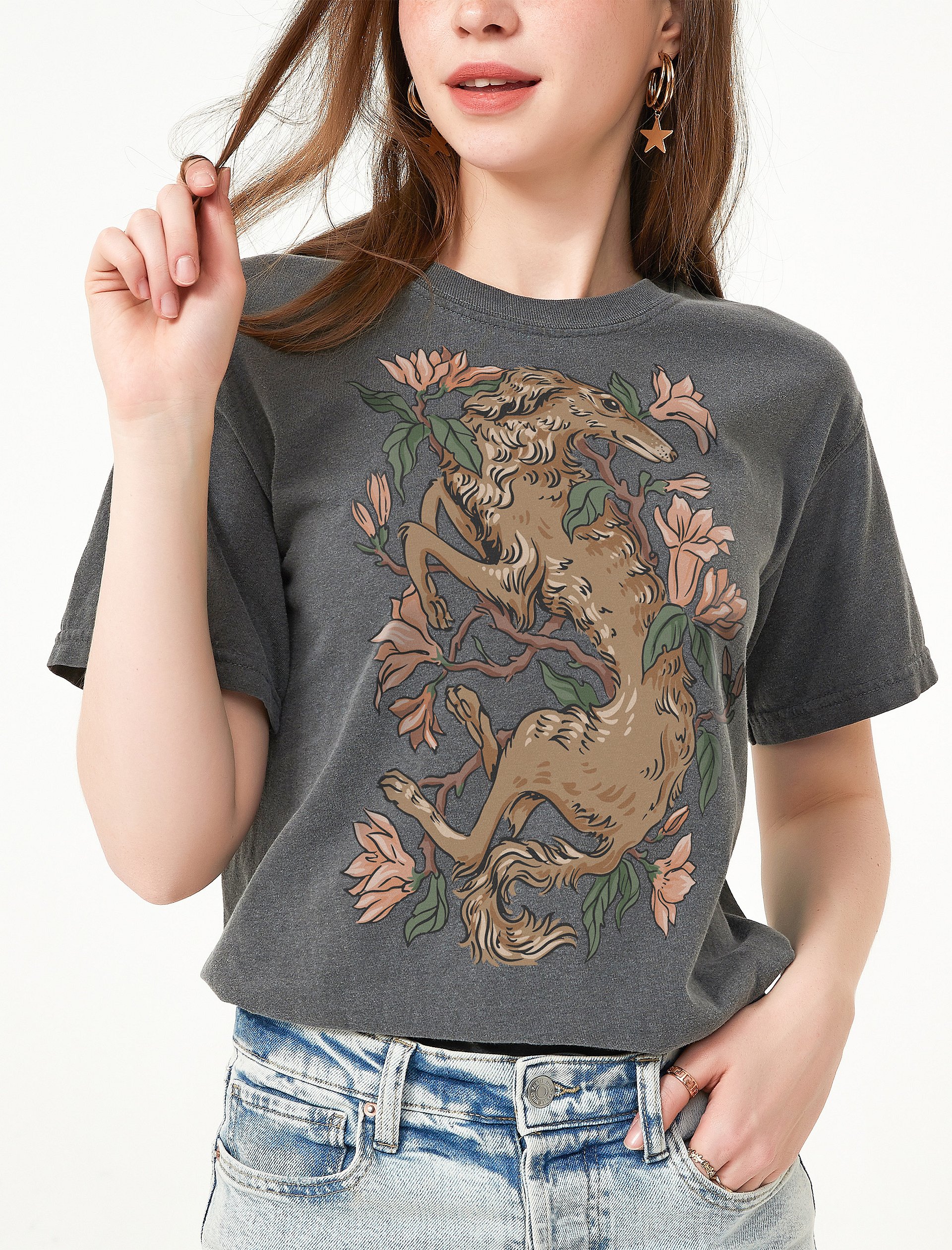 Goblincore and Cottagecore Shirts for Dog Lovers | Greyhound Lying on Magnolia Flowers Botanicals T-Shirt product image (20)