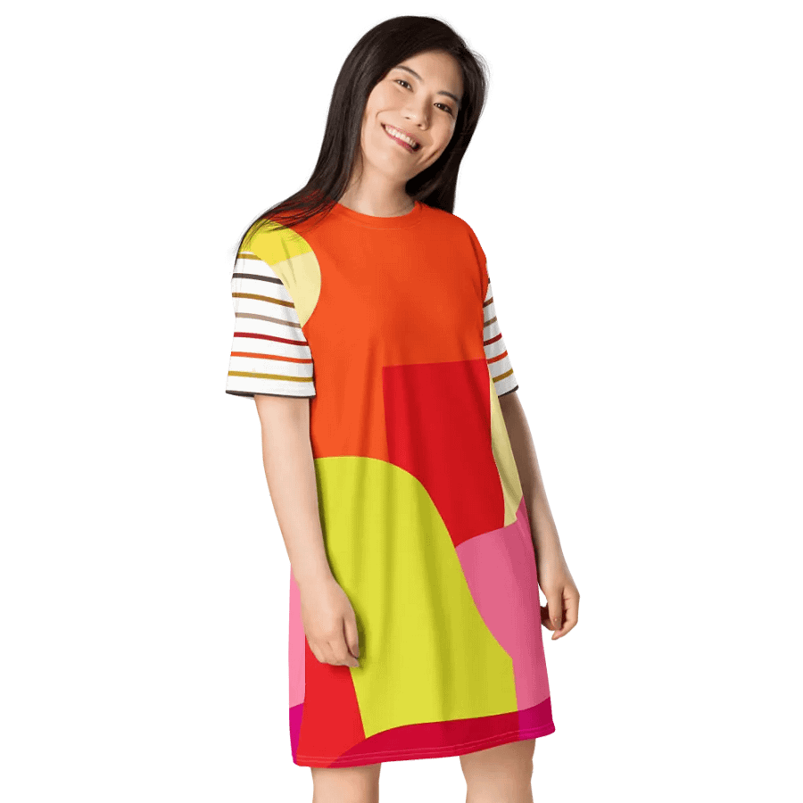 All-Over Orange/Yellow Geometric/Stripe T-Shirt Dress product image (5)