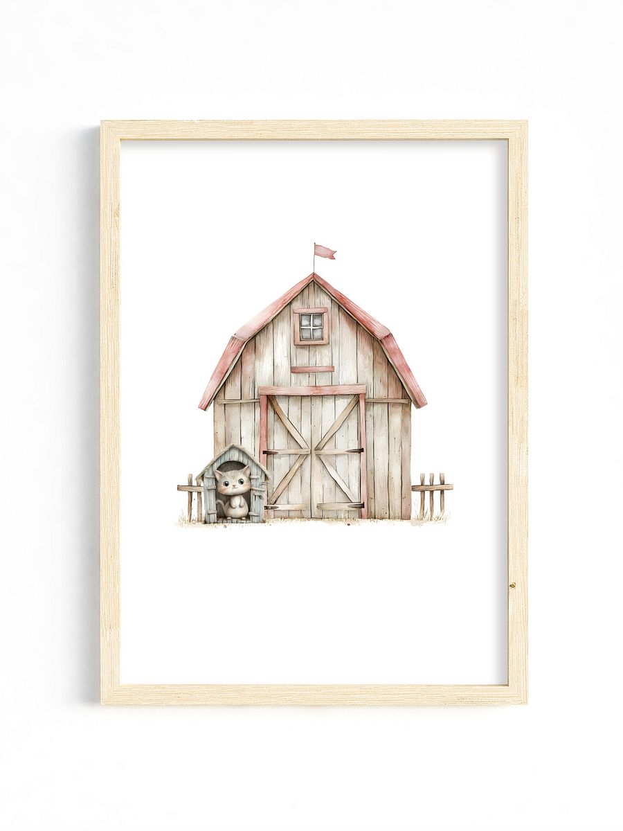 Watercolor Barnyard Cat Nursery Decor Print product image (1)