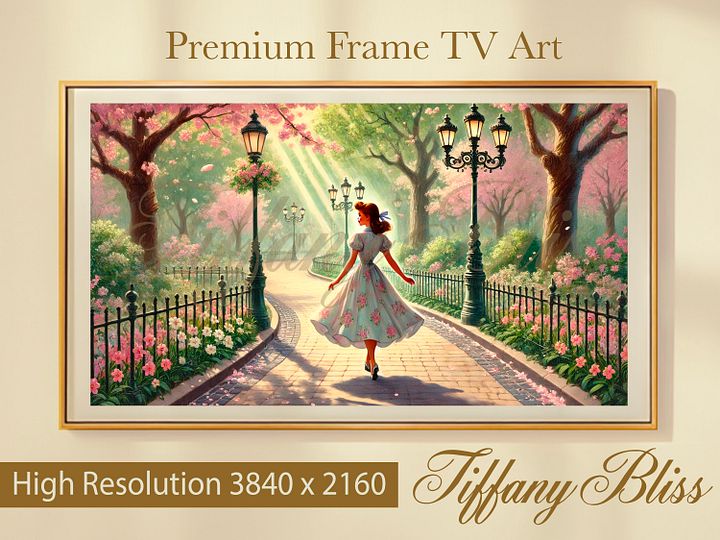 Spring Samsung Frame TV Art, Walk in the Park Painting, Cherry Blossoms, Retro, Vintage Style, Digital Download product image (1)