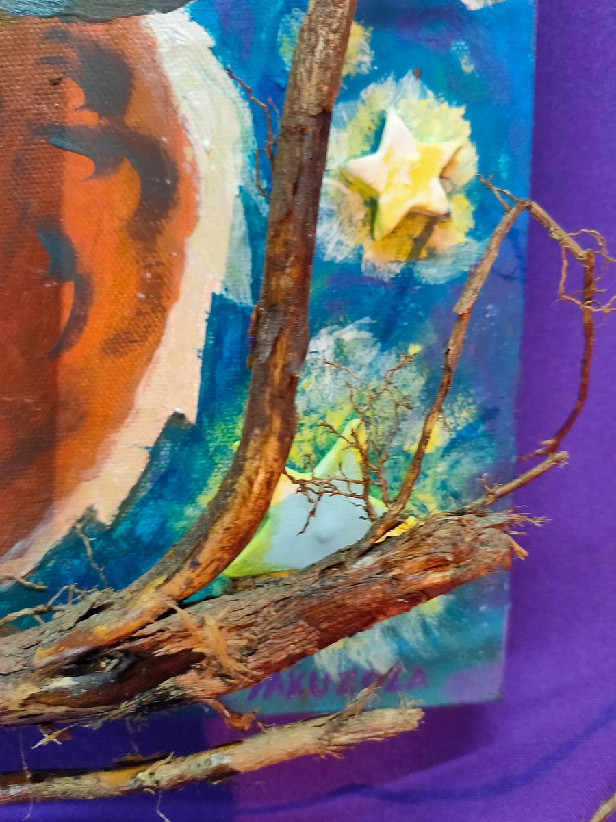 Instalação Mocho, Quadro mocho 3D, noite estrelada, tela pintada, estrelas cerâmica, Item feito à mão product image (6)
