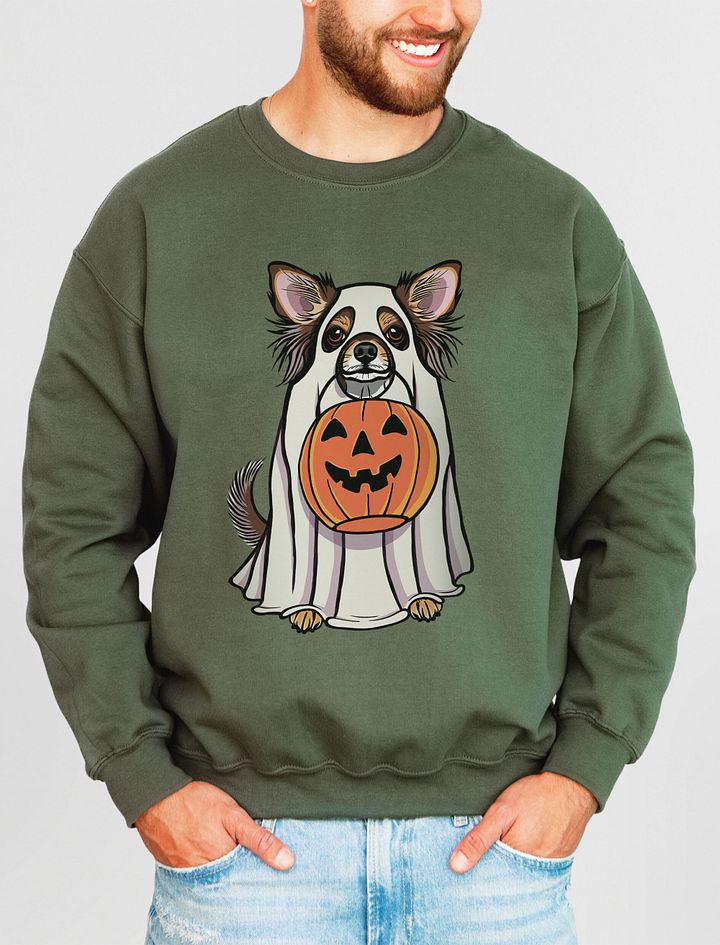 Funny Halloween Longhaired Chihuahua(Red Tricolor) Sweatshirt | Funny Chihuahua Wearing a Ghost Costume and Holding a Pumpkin Basket product image (15)