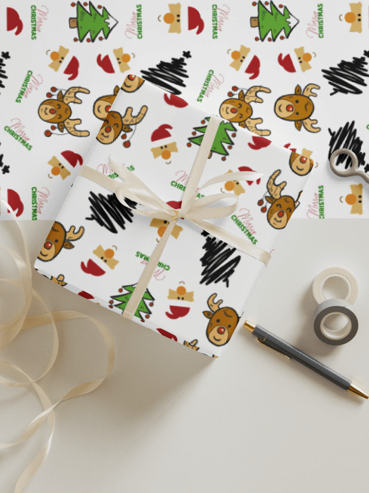 Reindeer, Santa, Christmas Tree Wrapping Paper - White product image (1)