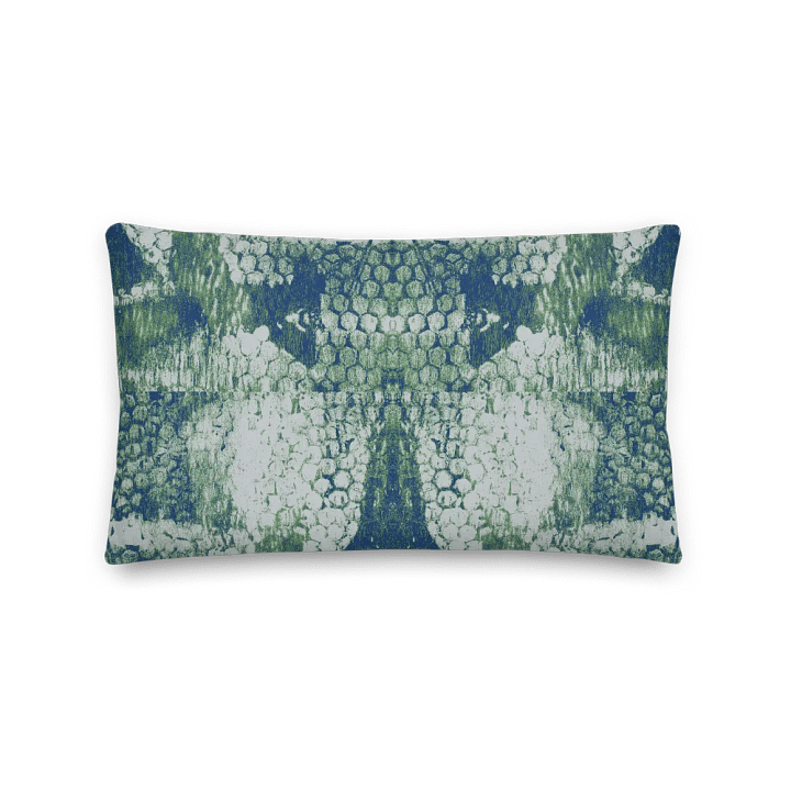 Honeycomb Grunge Throw Pillow in Mossy Green and Deep Blue on Bright Sand product image (2)
