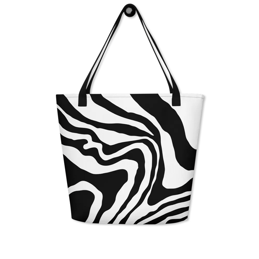 All-Over Print Large Tote Bag w/ Pocket - Black and White Wave Design product image (6)