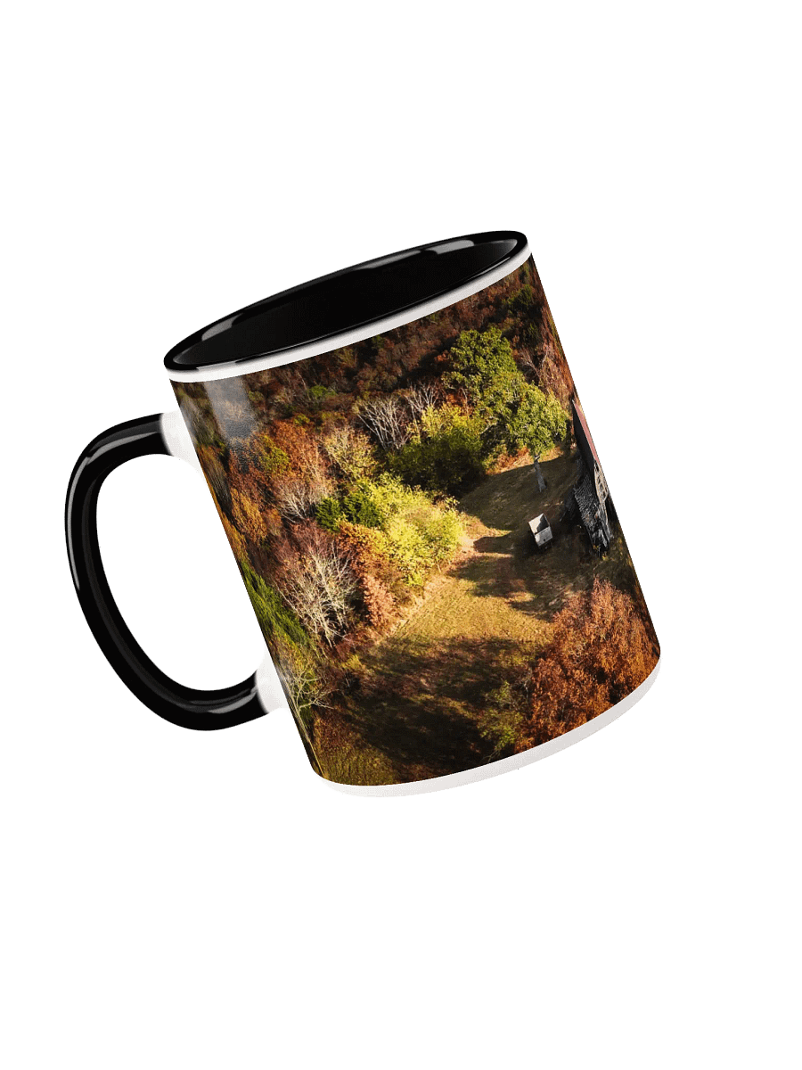 A ceramic mug, with a rustic, timeworn barn amongst the beautiful autumn colors in Taney County, Missouri. product image (29)