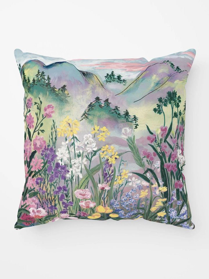 Watercolor Nature Scene Throw Pillow - Wildflowers & Mountain Landscape Accent Cushion for Living Room & Bedroom product image (1)